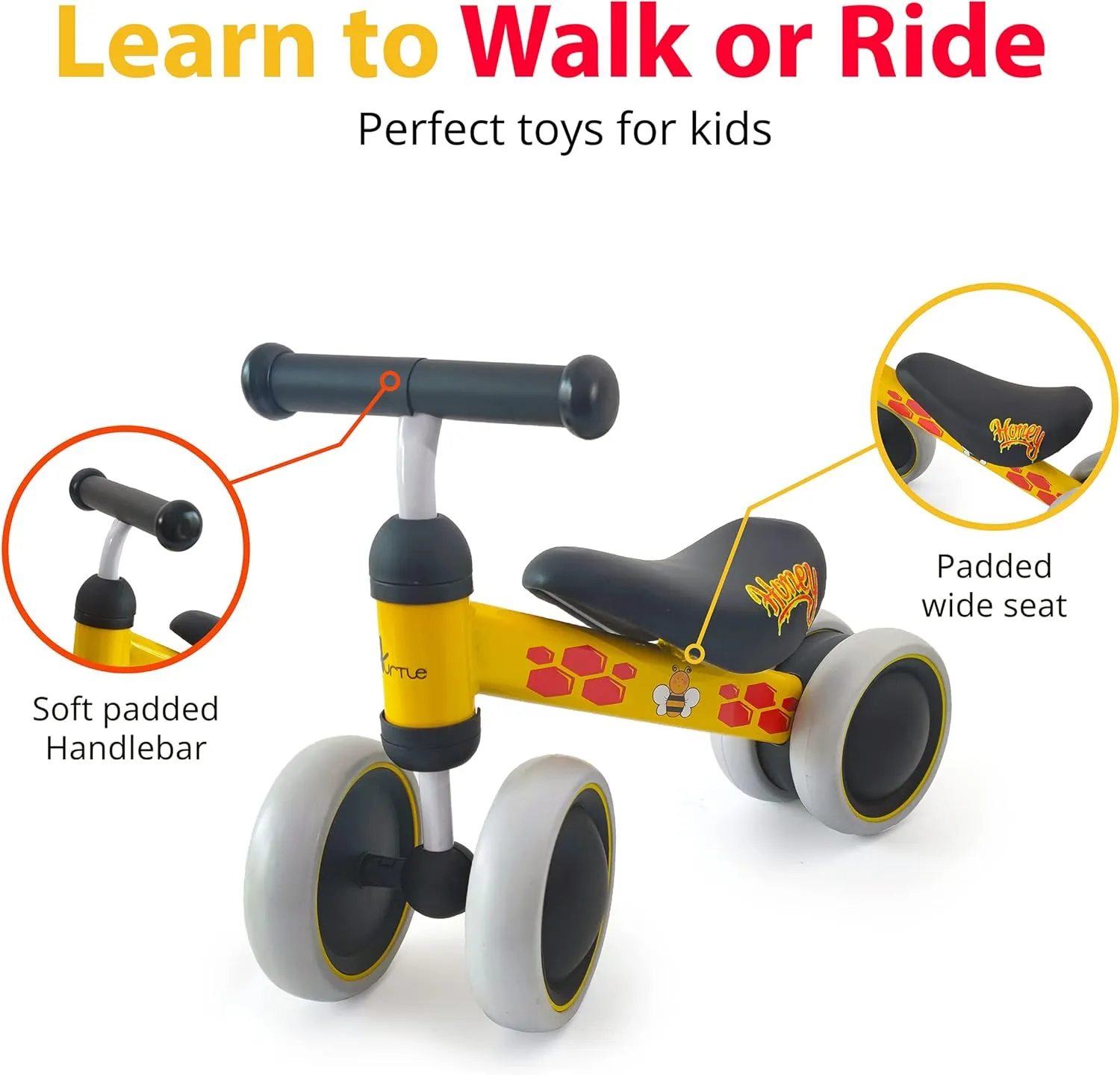10-24 Months Baby Balance Bike - No Pedal Toddler Walker Trainer Riding Toys for Infant 1 Year Old Boys and Girls with 4 Silent Wheels, Carbon Steel Frame, Cushion Seat, (Bee)