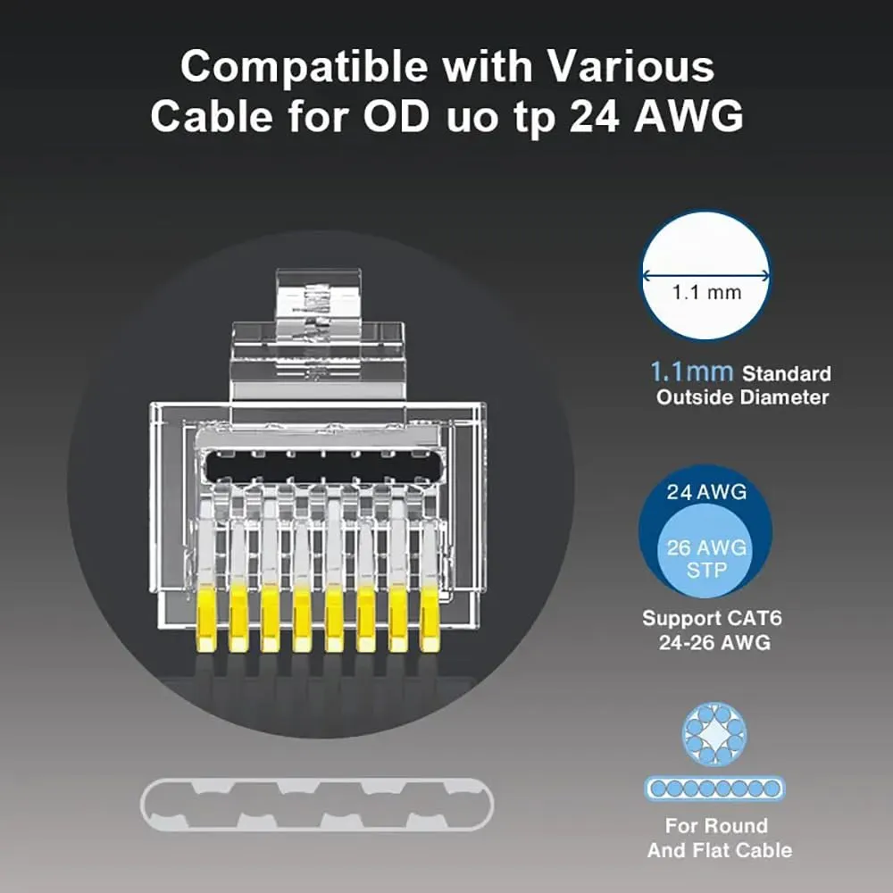100-Pack RJ45 Cat6 Pass Through Connector Shielded RJ45 Modular Plugs for Solid or Stranded FTP/STP Ethernet Cable