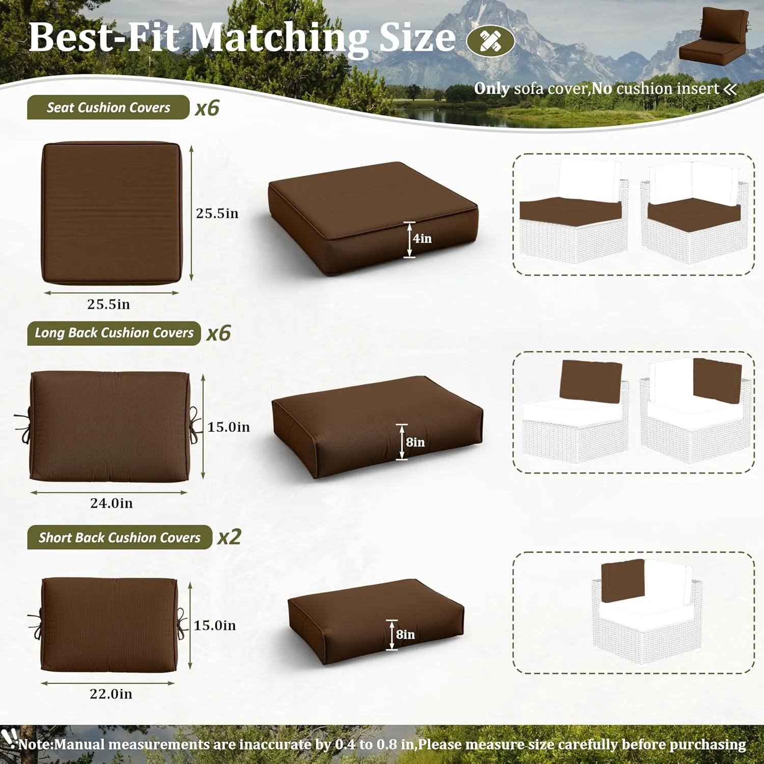 14 Pcs Outdoor Cushion Slipcovers All-Weather Patio Cushion Covers, Replacement Waterproof with Zipper for Patio Furniture, Sectional Couch 3 Sizes, Covers Only