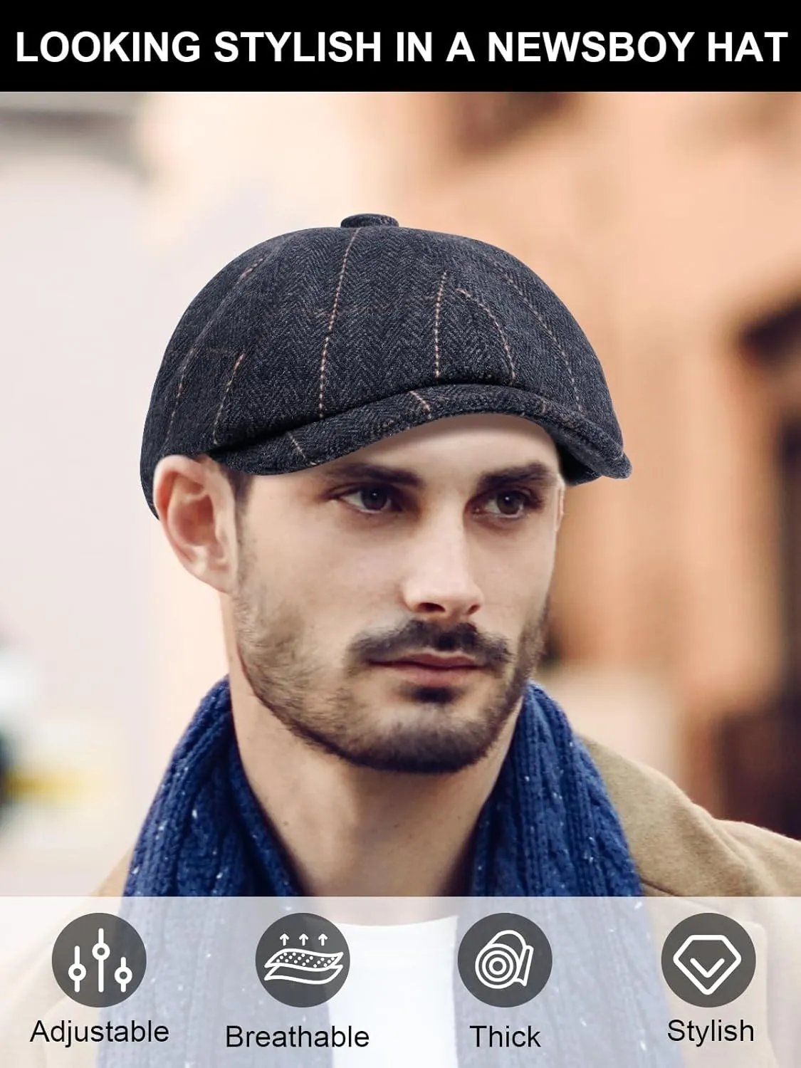 2 Pack Newsboy Cap for Men, Irish Newsies Hat Classic 8 Panel Wool Blend for Old Man Cabbie Driving
