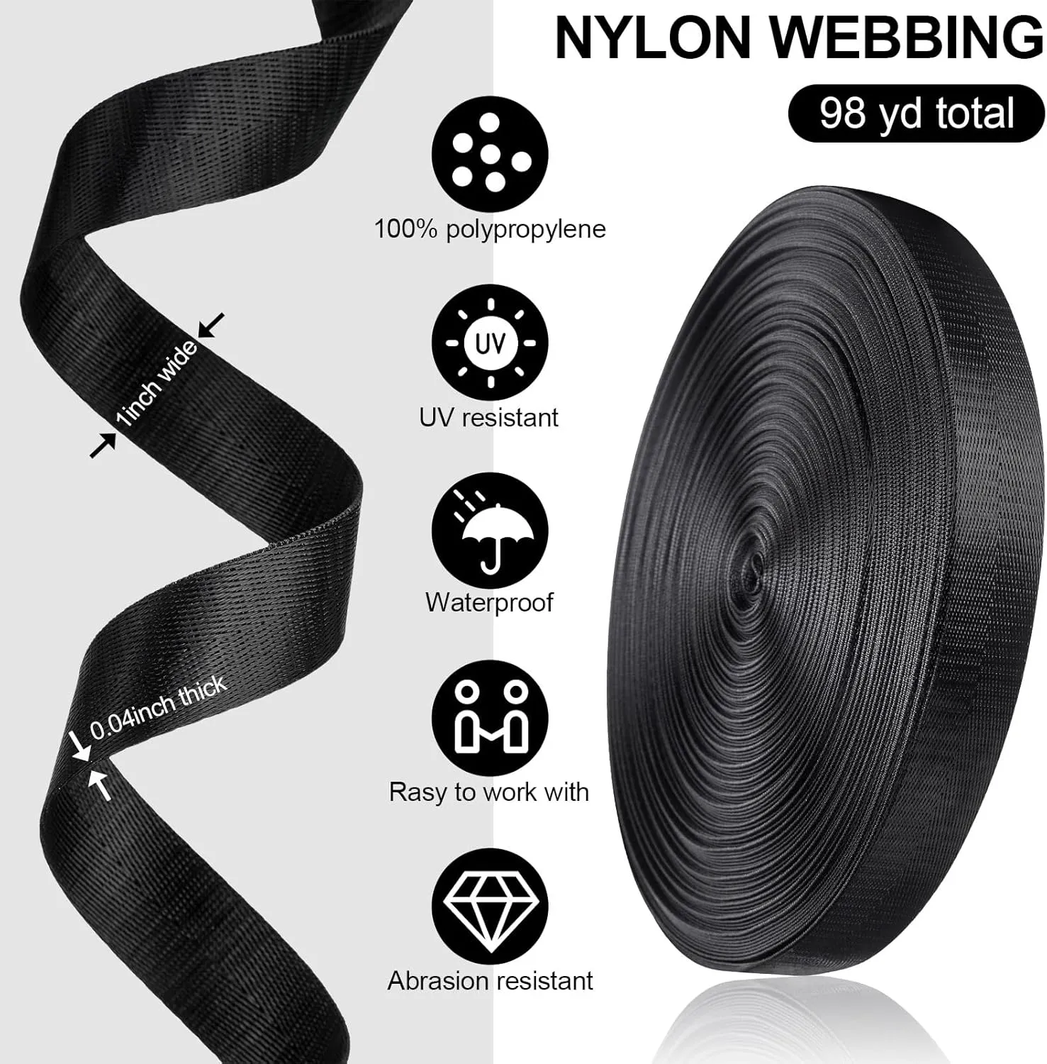 2 Rolls 1 Inch Nylon Webbing Strap 98 Yards Heavy Duty Flat Webbing Strap for Dog Leash Seat Belt Climbing Outdoors Indoors Gear Crafting DIY Making Repair