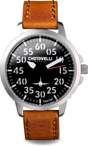 33.01 Airliner Aviator Watch- Black dial, Screw-Down Crown, Tan Leather Band Watches | 100M Waterproof | Military Watch