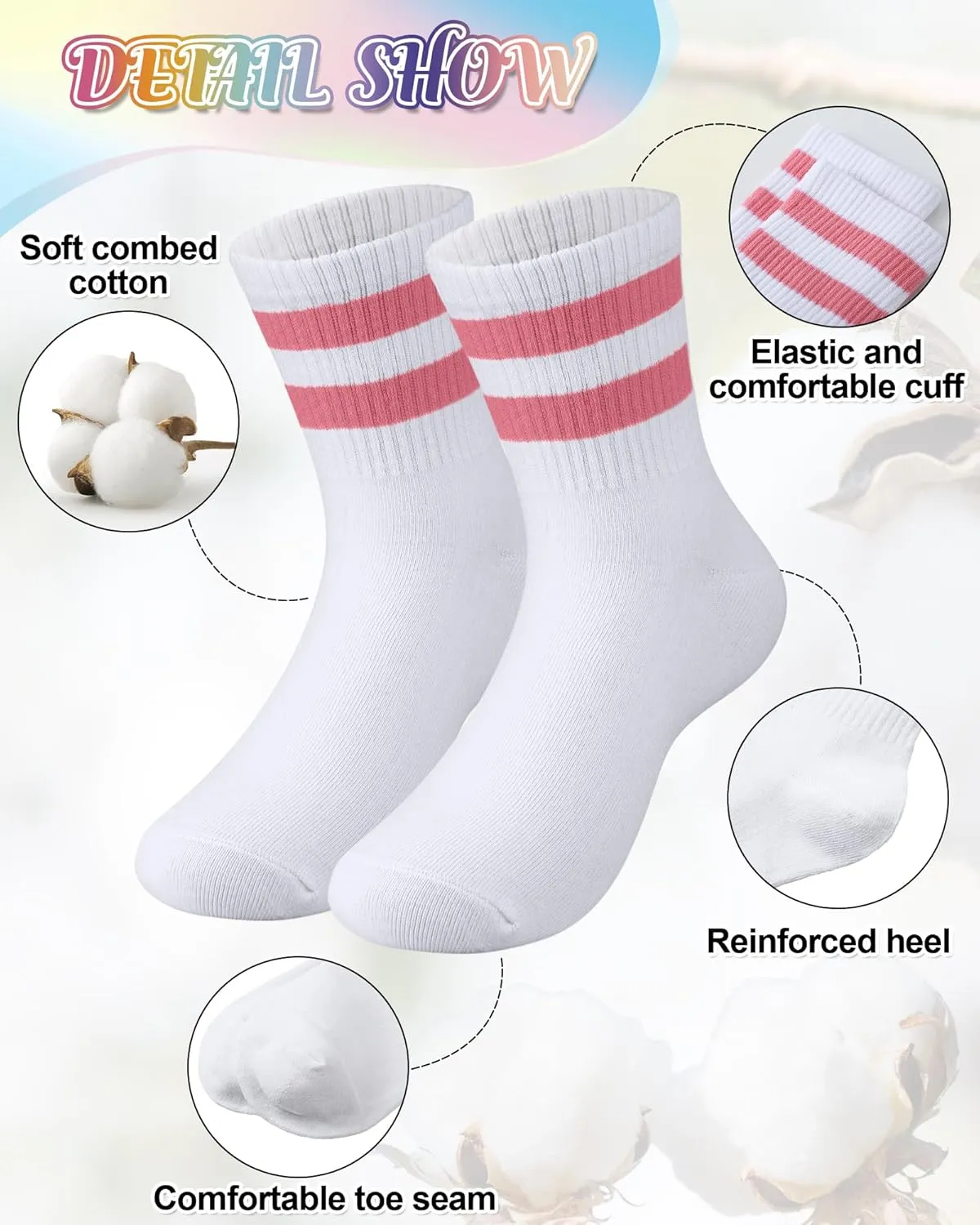 8 Pairs Kids Stripe Socks Cotton Crew Socks Colorful Retro Stripe Athletic Hosiery for School Kids