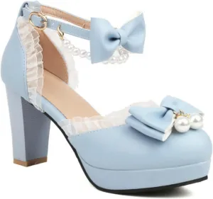 Aflngle Women's Bow Pearl Heels Mary Jane Pumps Round Toe Closed Platform Chunky Heel Ankle Strap Buckle Shoes Cute Sweet Lace Kawaii Lolita Princess Wedding Party Dress Shoes