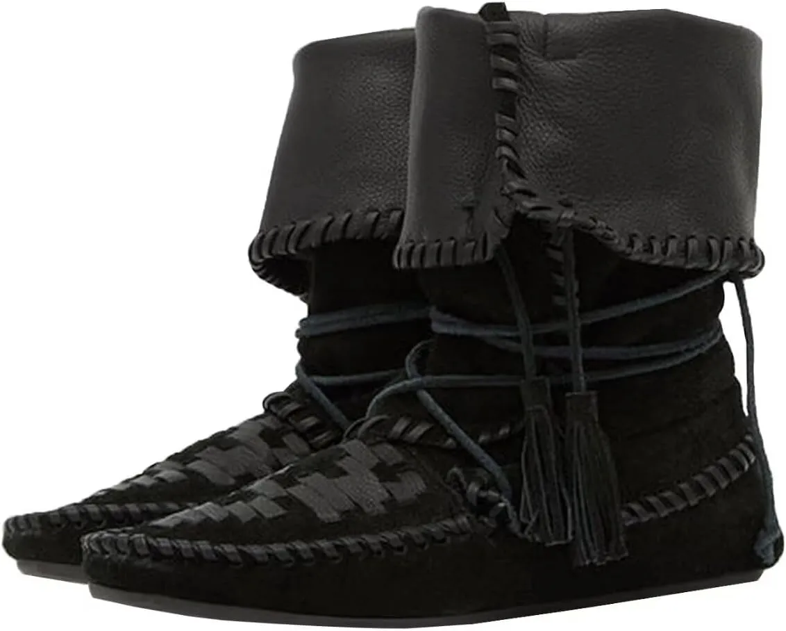 Agodor Women Slouched Ruched Fold Over Ankle Boots Suede Leather Woven Fringe Western Cowboy Boots Flat Lace Up Retro Short Booties