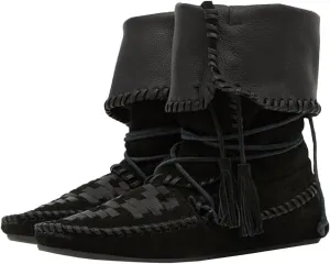 Agodor Women Slouched Ruched Fold Over Ankle Boots Suede Leather Woven Fringe Western Cowboy Boots Flat Lace Up Retro Short Booties
