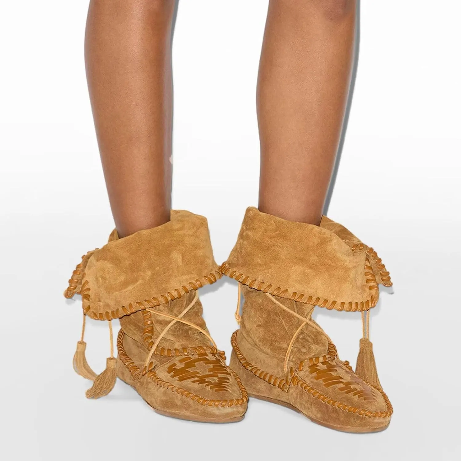 Agodor Women Slouched Ruched Fold Over Ankle Boots Suede Leather Woven Fringe Western Cowboy Boots Flat Lace Up Retro Short Booties