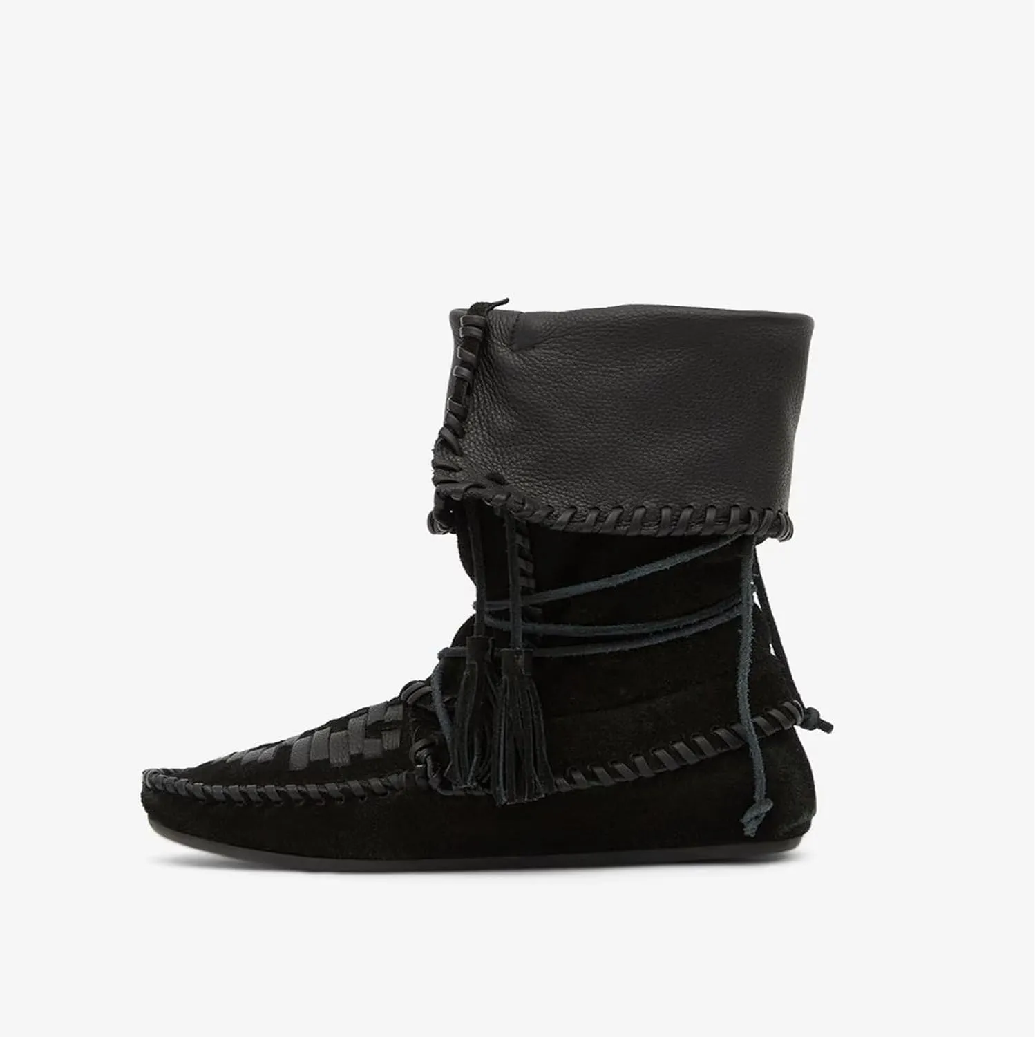 Agodor Women Slouched Ruched Fold Over Ankle Boots Suede Leather Woven Fringe Western Cowboy Boots Flat Lace Up Retro Short Booties