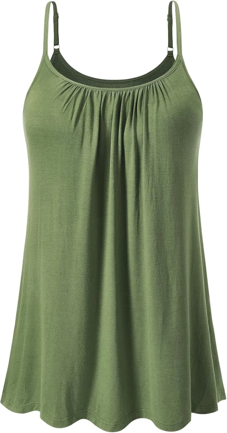 Air Curvey Camisole for Women Bulid in Bra Casual Flowy Cami Adjustable Spaghetti Strap Tank Top Pleated Loose Fit S-XXXXL