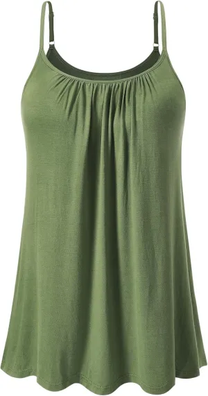 Air Curvey Camisole for Women Bulid in Bra Casual Flowy Cami Adjustable Spaghetti Strap Tank Top Pleated Loose Fit S-XXXXL