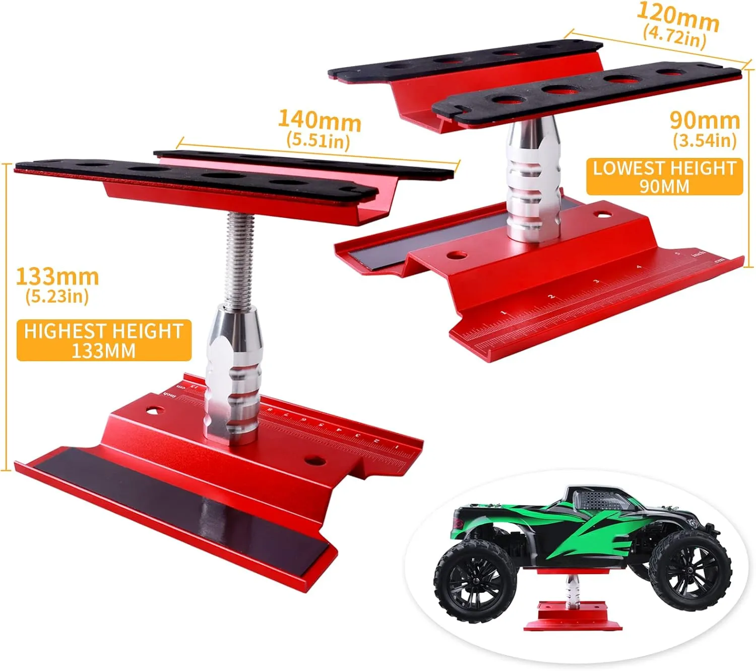 Aluminum Alloy RC Car Repair Work Stand Hobby Tool Set 360 Degree Rotation Lift/Lower and RC Screws Kit Repair Tool Box for 1/8 1/10 1/12 1/16 1/18 RC Car Truck Buggy Models (Red)