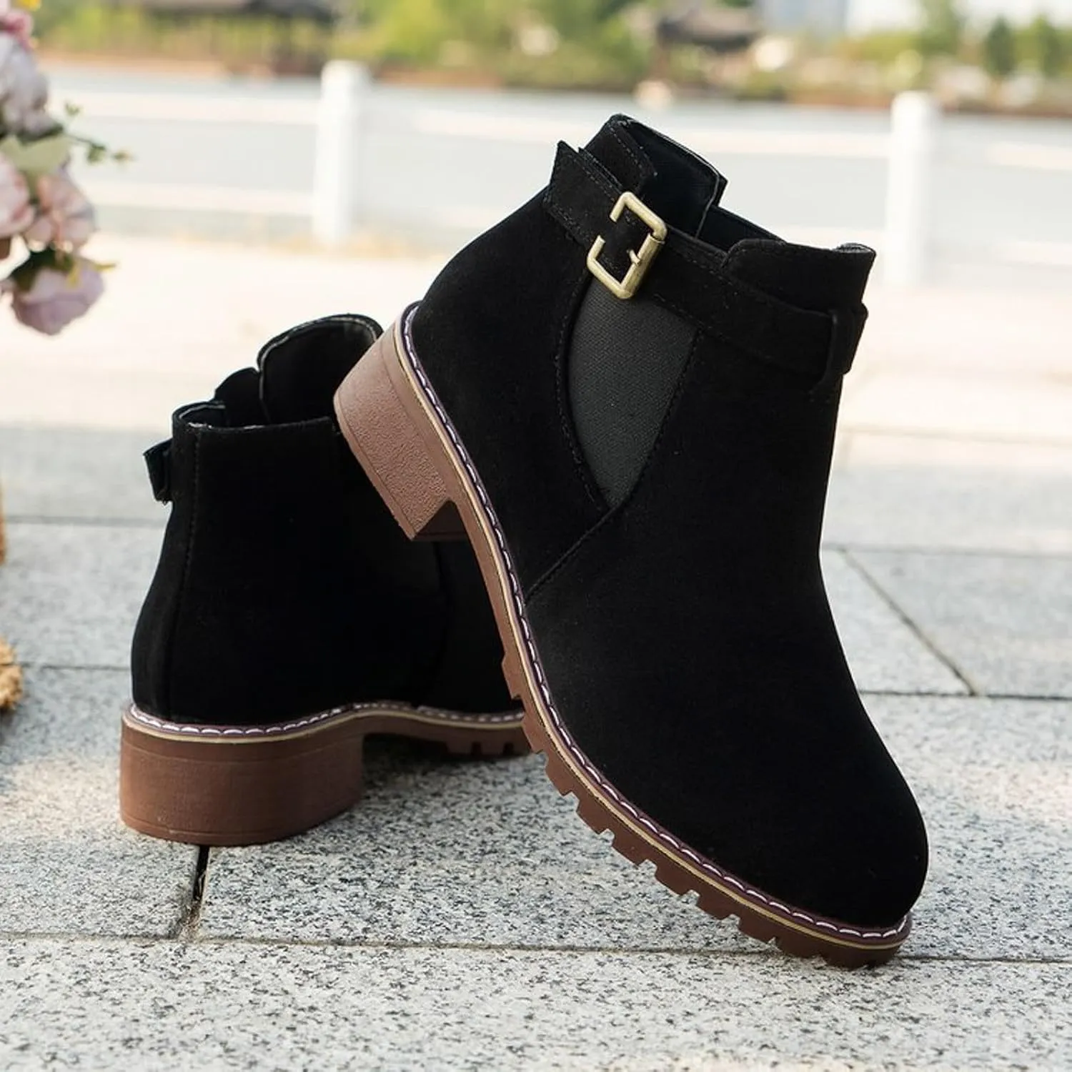 AMDBEL Booties for Women Dressy 2024 Ankle Boots Low Thick Heel Comfortable Round Toe Suede Short Boots Winter Shoes