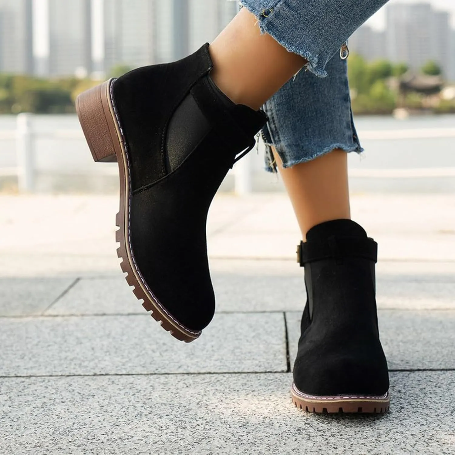 AMDBEL Booties for Women Dressy 2024 Ankle Boots Low Thick Heel Comfortable Round Toe Suede Short Boots Winter Shoes