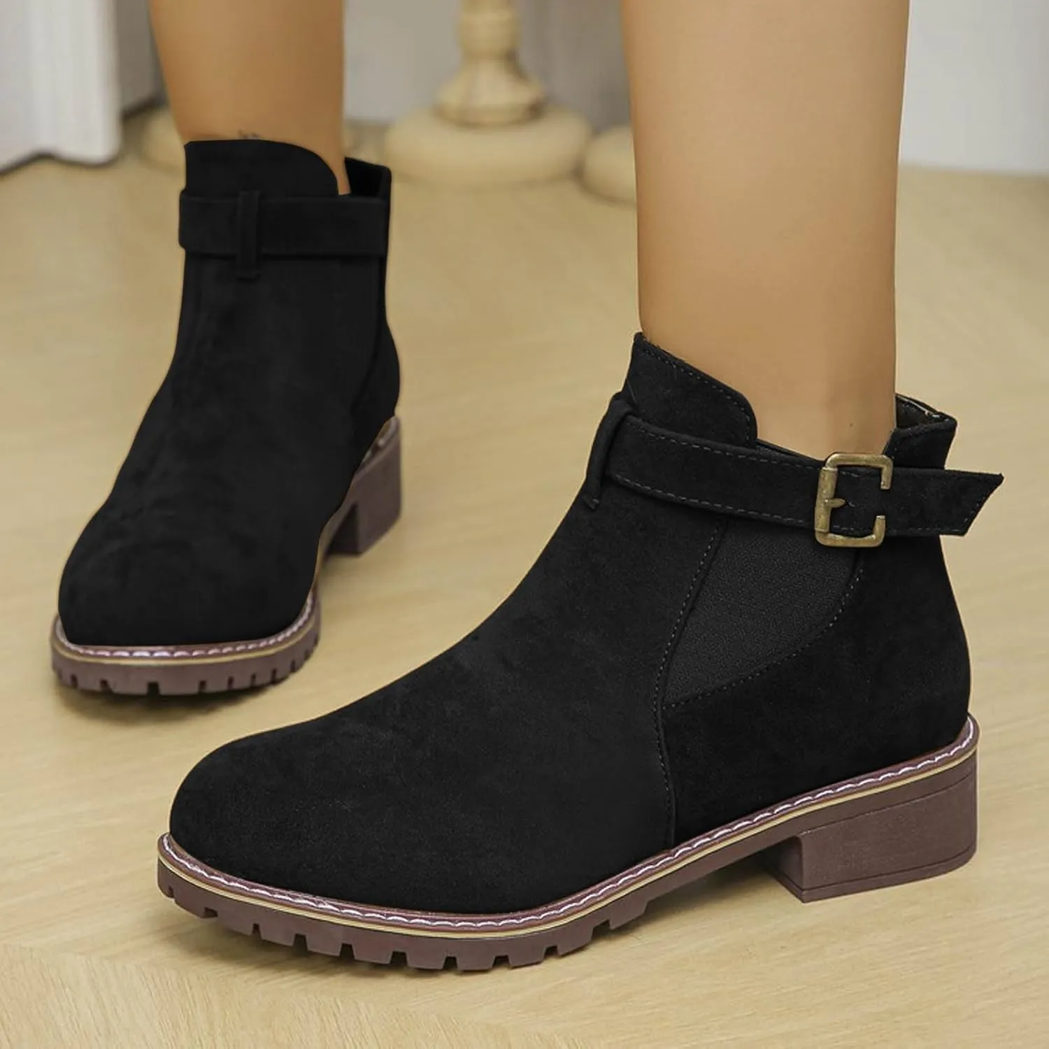AMDBEL Booties for Women Dressy 2024 Ankle Boots Low Thick Heel Comfortable Round Toe Suede Short Boots Winter Shoes