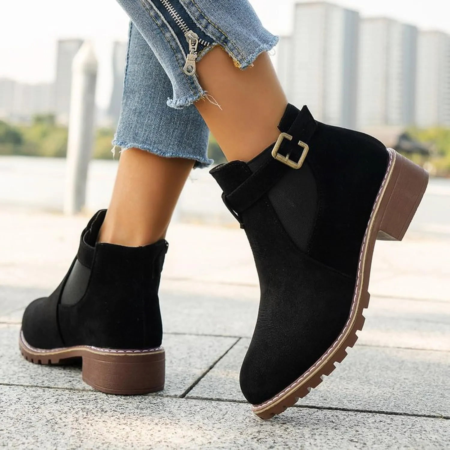 AMDBEL Booties for Women Dressy 2024 Ankle Boots Low Thick Heel Comfortable Round Toe Suede Short Boots Winter Shoes