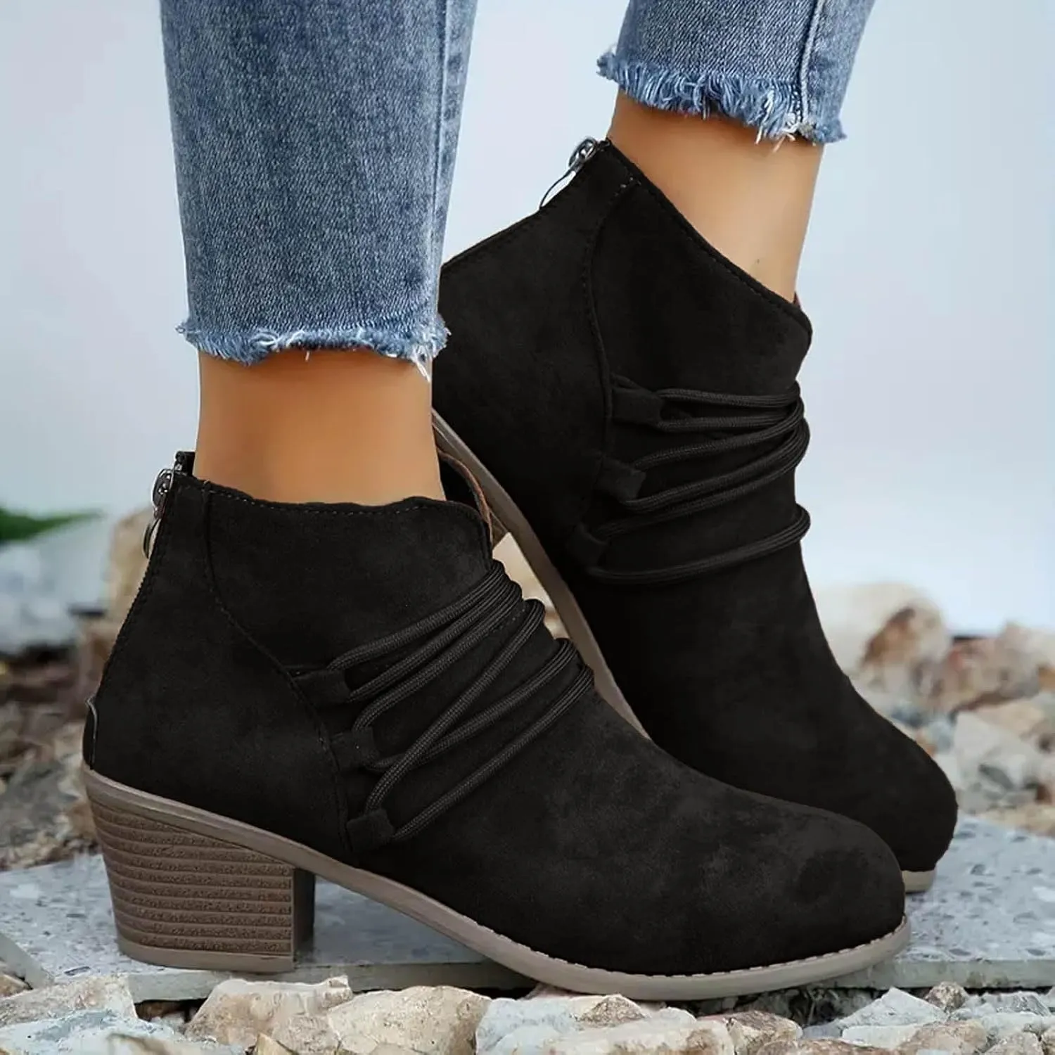 AMDBEL Boots for Women Ankle Booties Comfortable Low Heel Side Zipper Pointd Toe Suede Fall Winter Short Boots Fashion Shoes