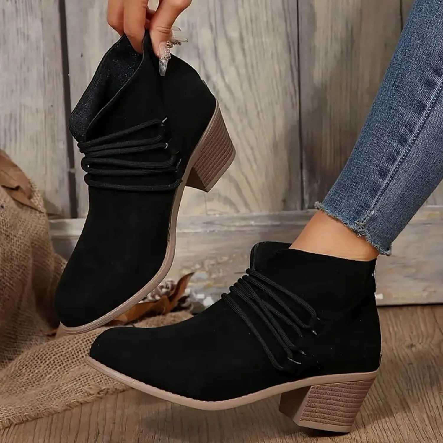 AMDBEL Boots for Women Ankle Booties Comfortable Low Heel Side Zipper Pointd Toe Suede Fall Winter Short Boots Fashion Shoes
