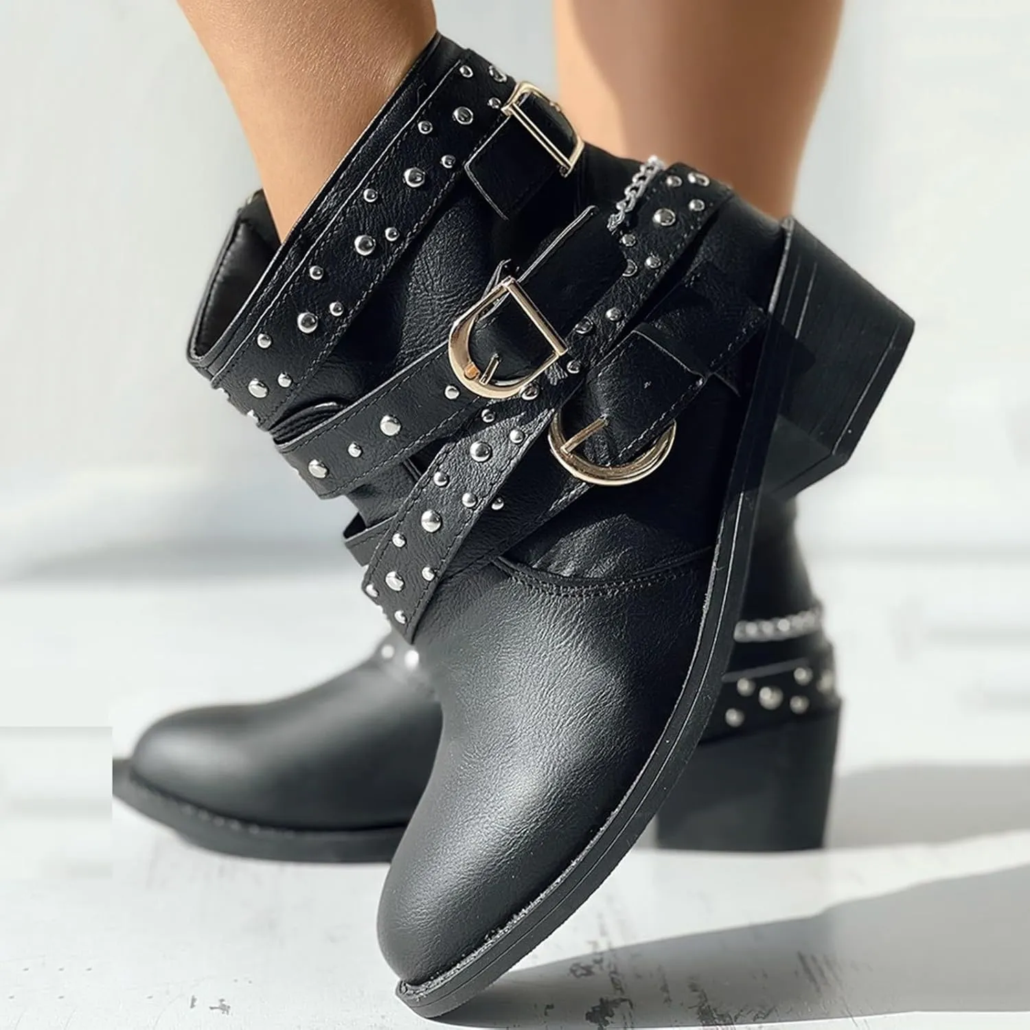 AMDBEL Boots for Women Ankle Booties, Women's Ankle Boots Round Toe Low Heel Punk Mid Calf Booties Casual Fall Winter Shoes