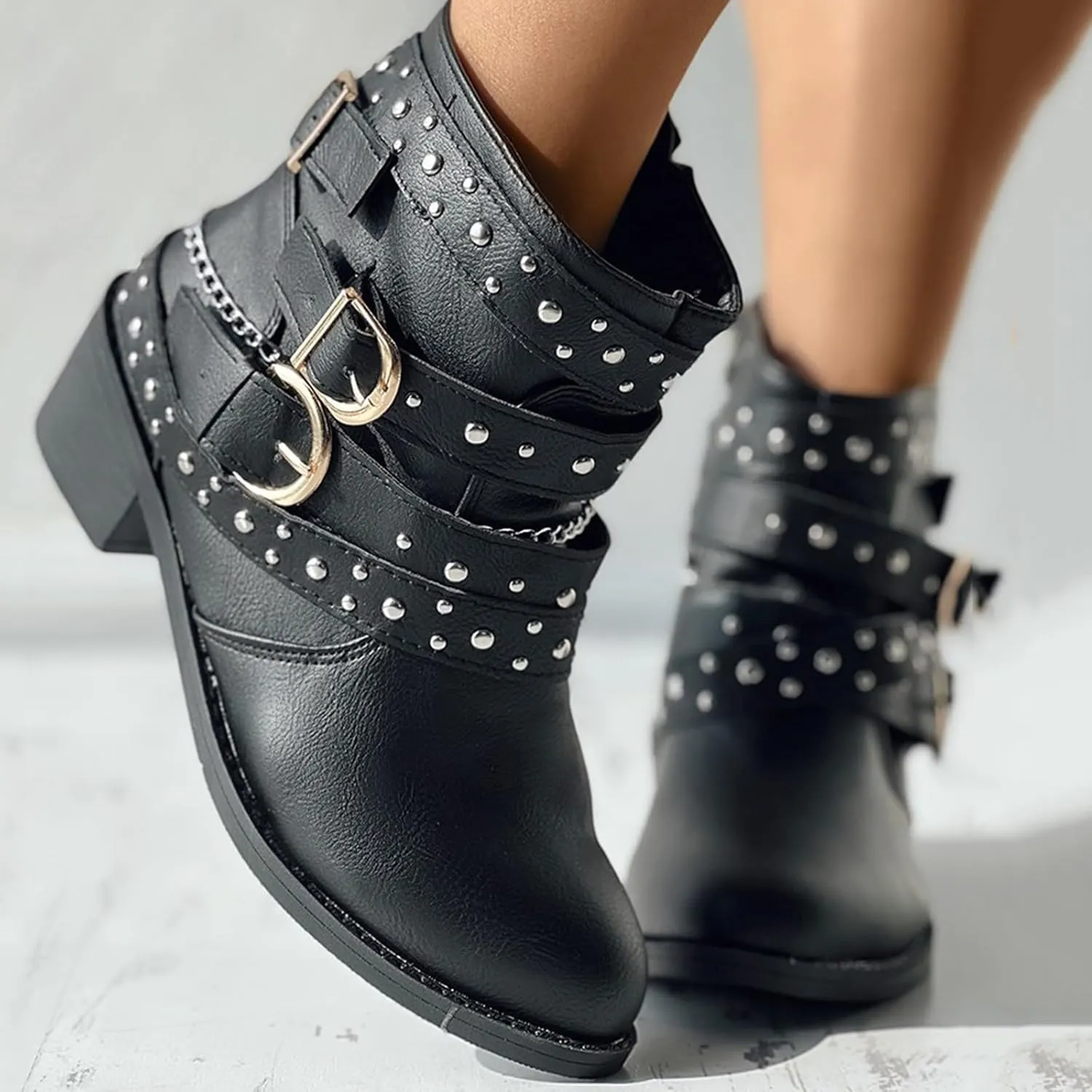 AMDBEL Boots for Women Ankle Booties, Women's Ankle Boots Round Toe Low Heel Punk Mid Calf Booties Casual Fall Winter Shoes