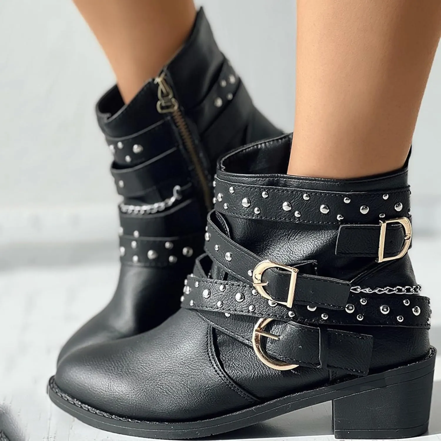 AMDBEL Boots for Women Ankle Booties, Women's Ankle Boots Round Toe Low Heel Punk Mid Calf Booties Casual Fall Winter Shoes