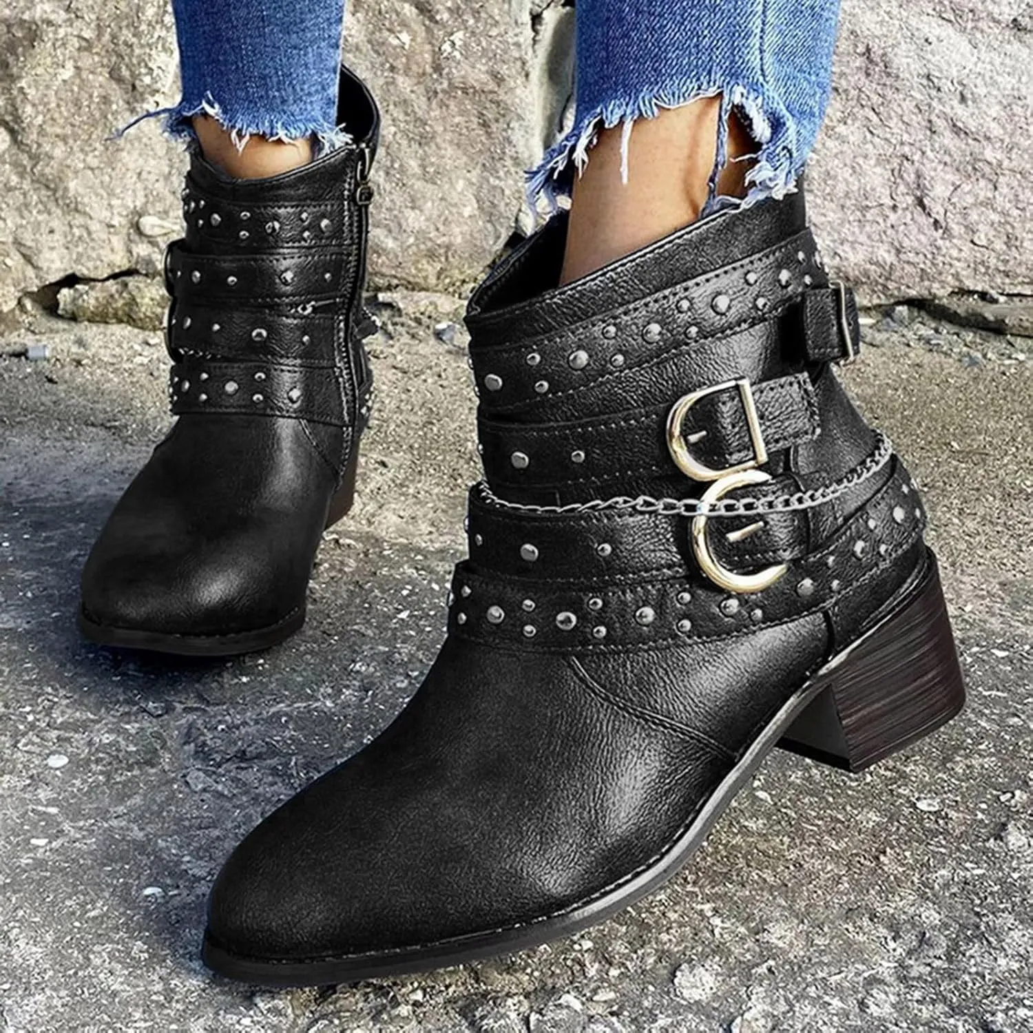 AMDBEL Boots for Women Ankle Booties, Women's Ankle Boots Round Toe Low Heel Punk Mid Calf Booties Casual Fall Winter Shoes