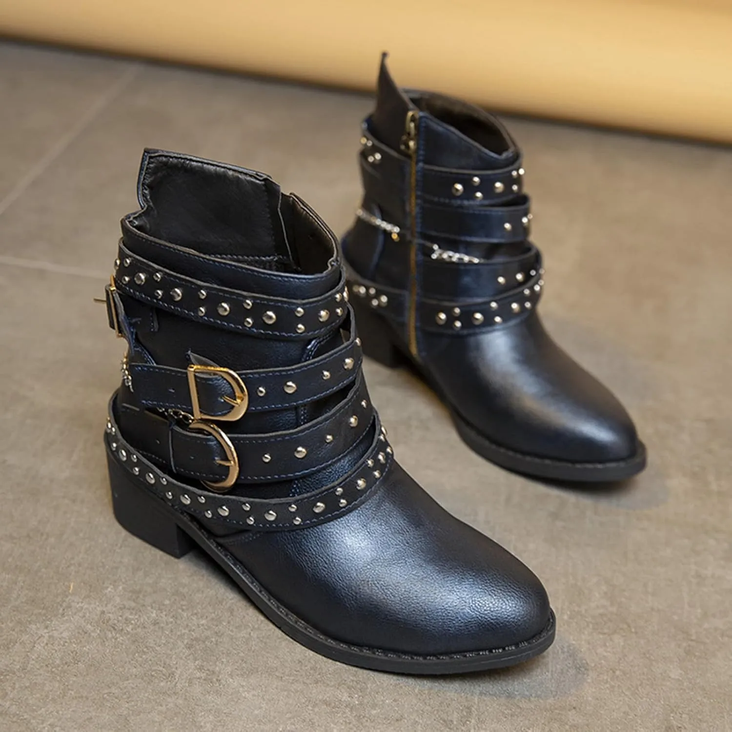 AMDBEL Boots for Women Ankle Booties, Women's Ankle Boots Round Toe Low Heel Punk Mid Calf Booties Casual Fall Winter Shoes