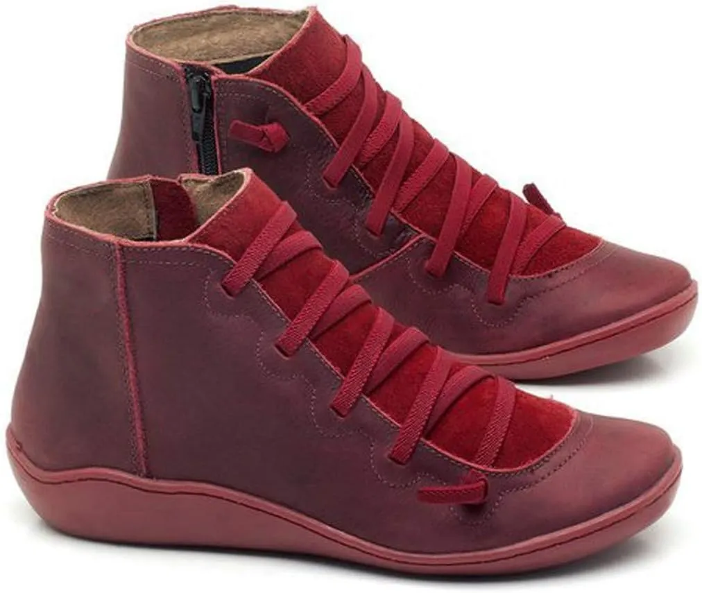 AMDBEL Boots for Women Ankle Booties, Women's Boots Slip on Flat Boots Arch Support Lace up Retro Booties Winter Fall Shoes