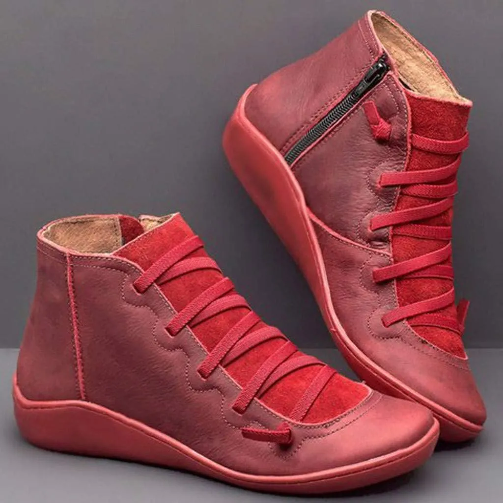 AMDBEL Boots for Women Ankle Booties, Women's Boots Slip on Flat Boots Arch Support Lace up Retro Booties Winter Fall Shoes