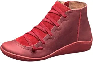 AMDBEL Boots for Women Ankle Booties, Women's Boots Slip on Flat Boots Arch Support Lace up Retro Booties Winter Fall Shoes