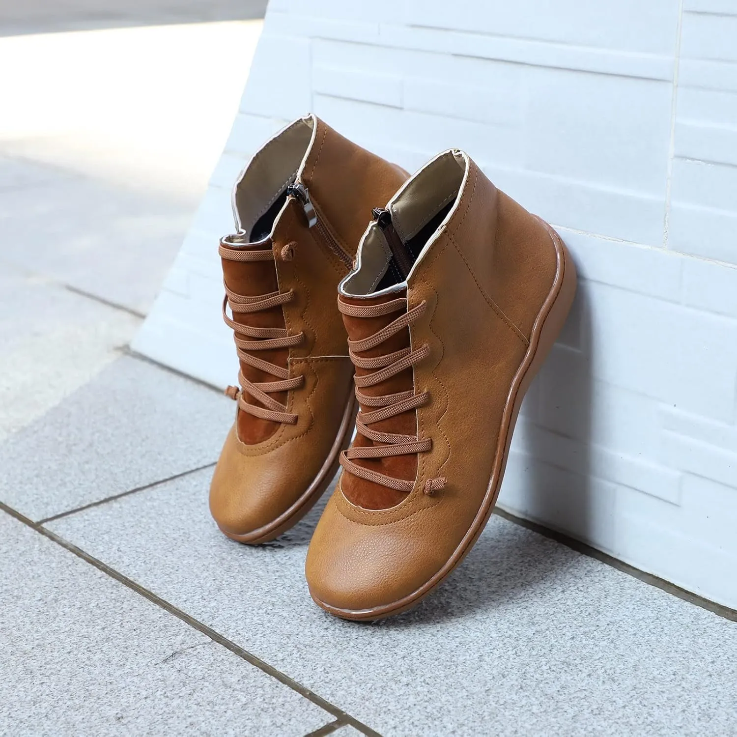 AMDBEL Boots for Women Ankle Booties, Women's Boots Slip on Flat Boots Arch Support Lace up Retro Booties Winter Fall Shoes