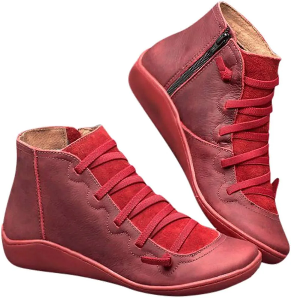 AMDBEL Boots for Women Ankle Booties, Women's Boots Slip on Flat Boots Arch Support Lace up Retro Booties Winter Fall Shoes