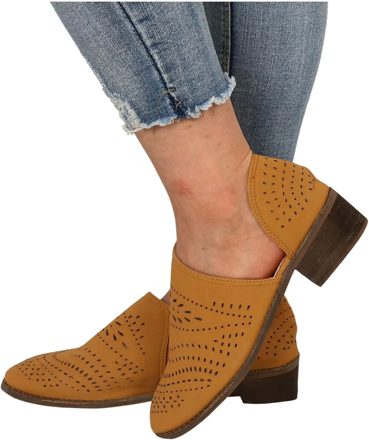 AMDBEL Fall Boots for Women 2024 Low Heel Pointed Toe Chunky Block Hollow Out Winter Fall Side Zipper Short Booties