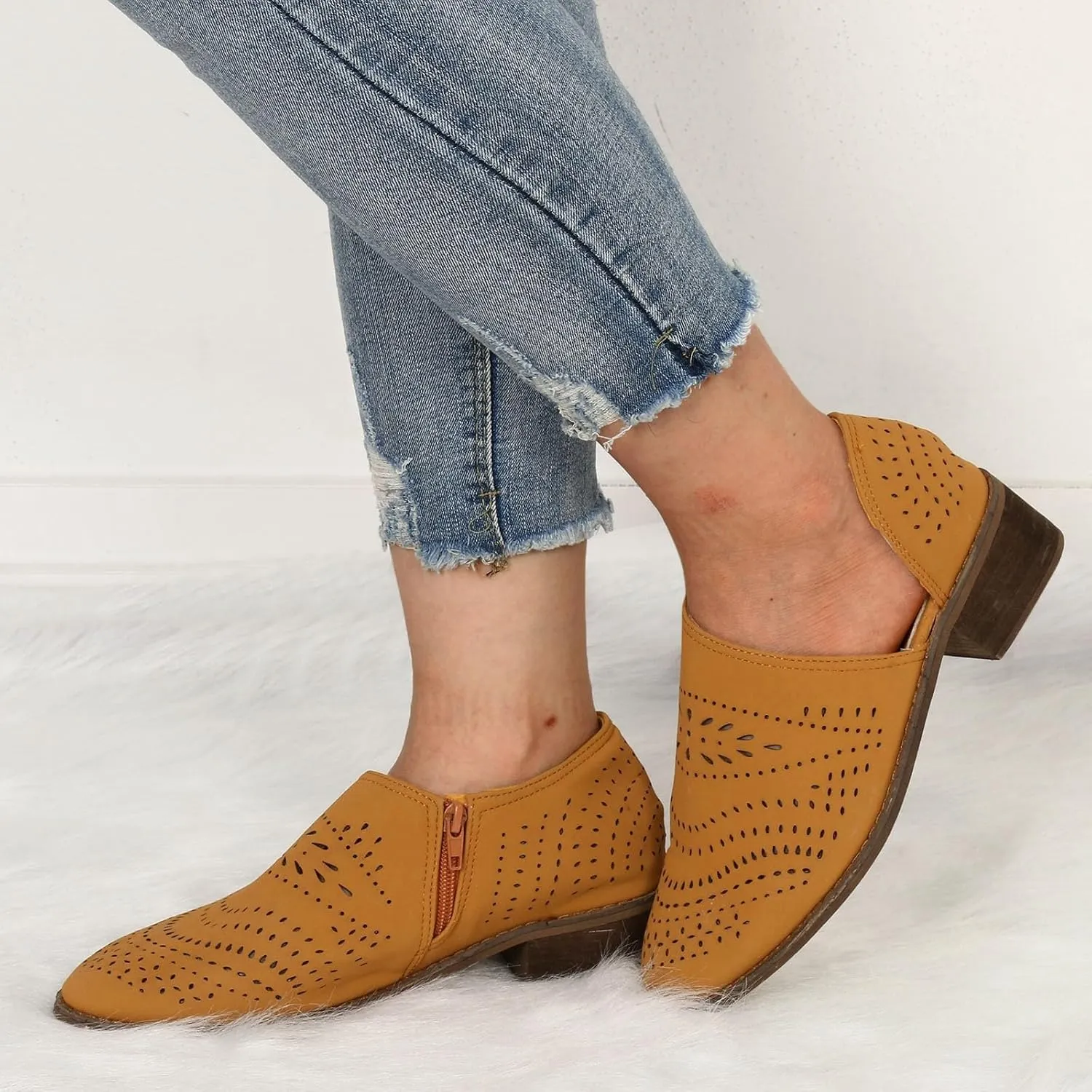 AMDBEL Fall Boots for Women 2024 Low Heel Pointed Toe Chunky Block Hollow Out Winter Fall Side Zipper Short Booties