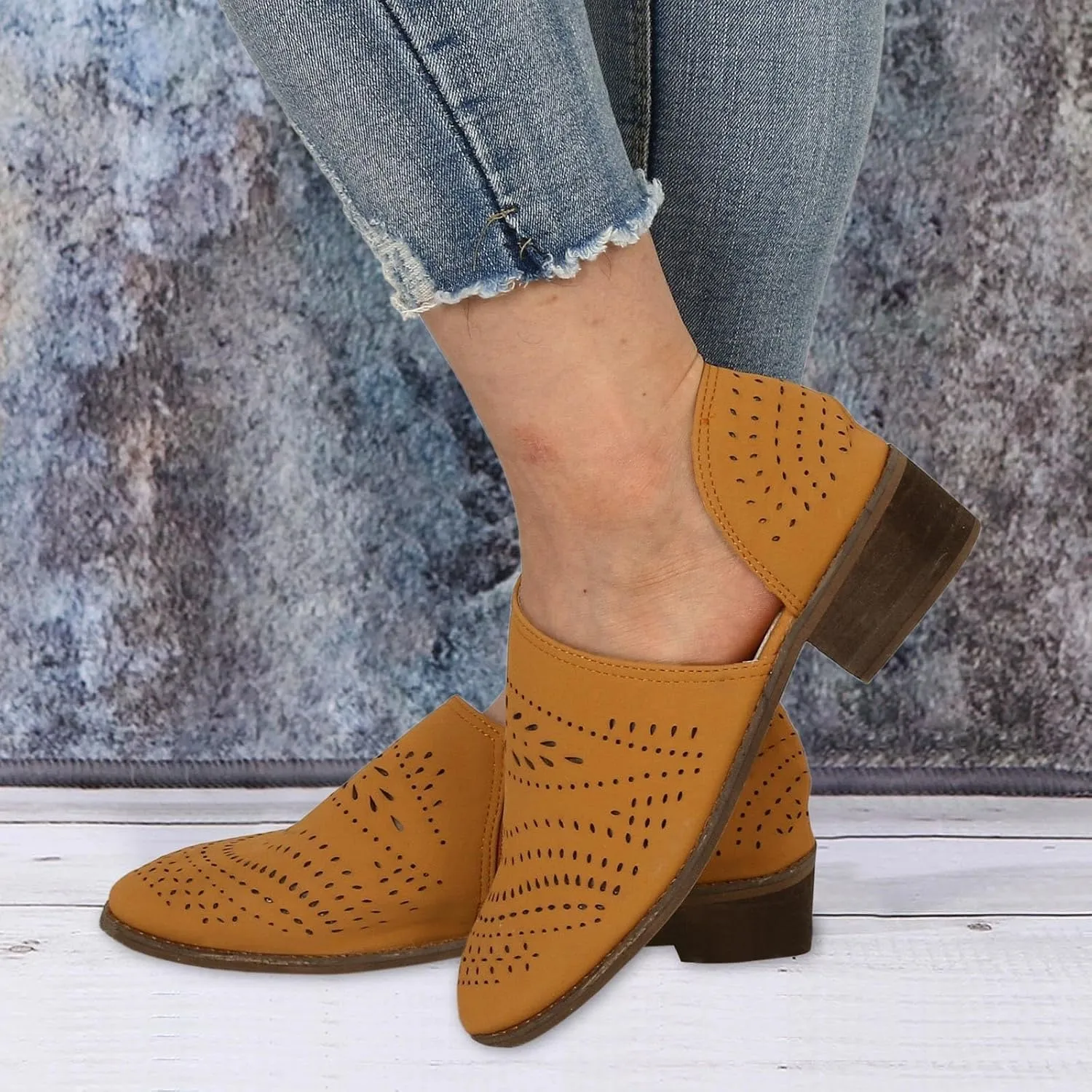 AMDBEL Fall Boots for Women 2024 Low Heel Pointed Toe Chunky Block Hollow Out Winter Fall Side Zipper Short Booties