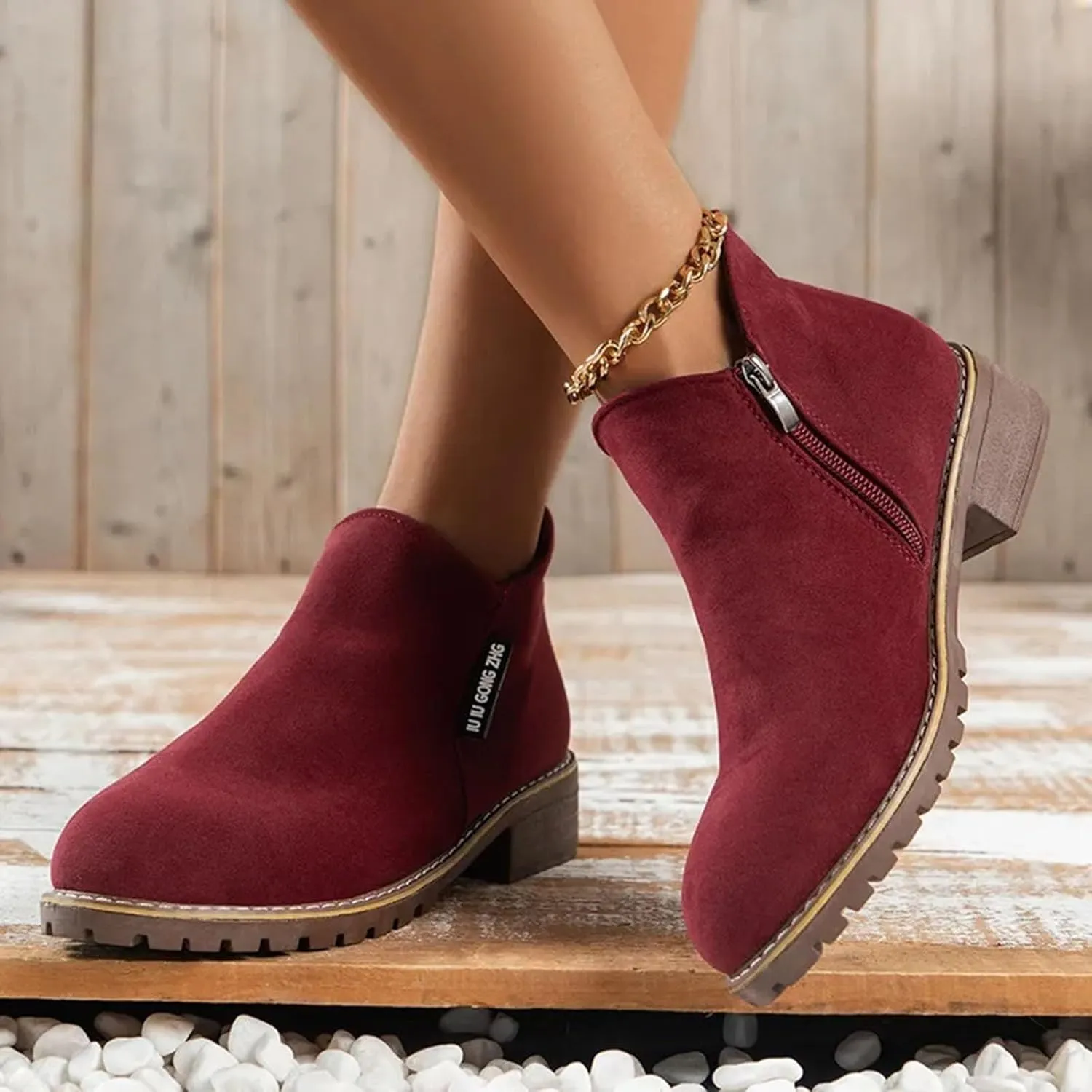 AMDBEL Fall Boots for Women 2024 Low Heel Round Toe Suede Booties Comfy Zipper Short Chelsea Fall Winter Boots Shoes