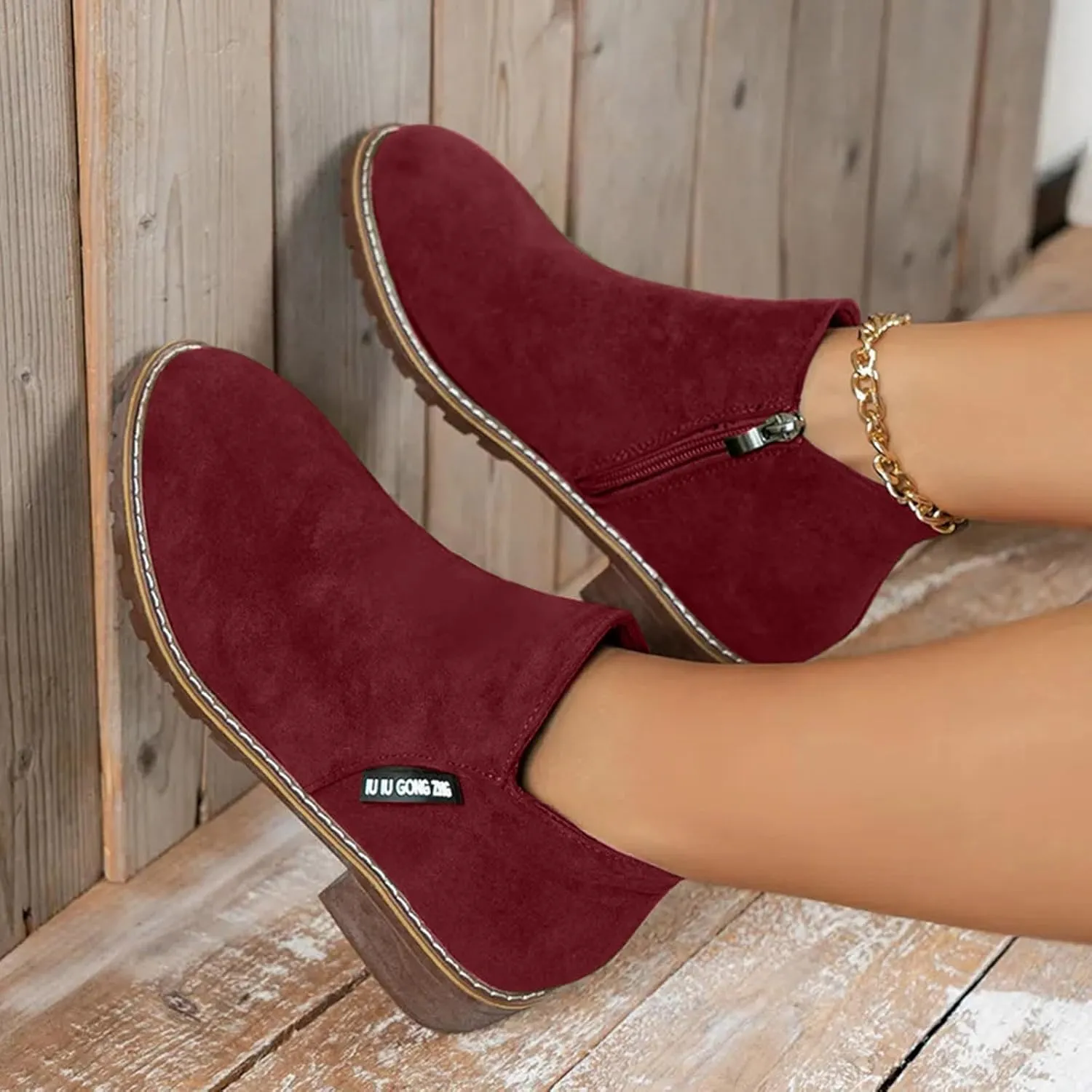 AMDBEL Fall Boots for Women 2024 Low Heel Round Toe Suede Booties Comfy Zipper Short Chelsea Fall Winter Boots Shoes