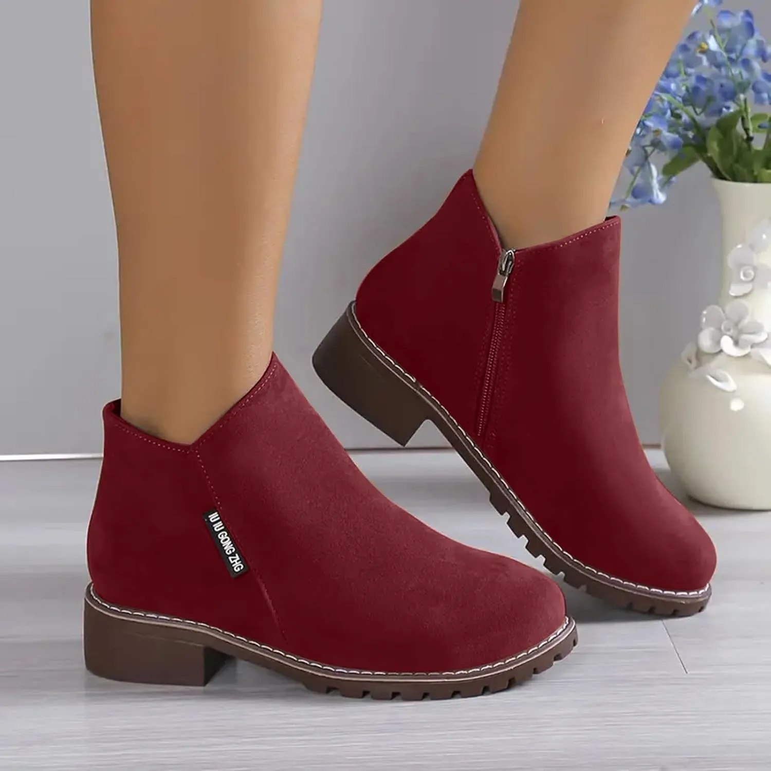 AMDBEL Fall Boots for Women 2024 Low Heel Round Toe Suede Booties Comfy Zipper Short Chelsea Fall Winter Boots Shoes