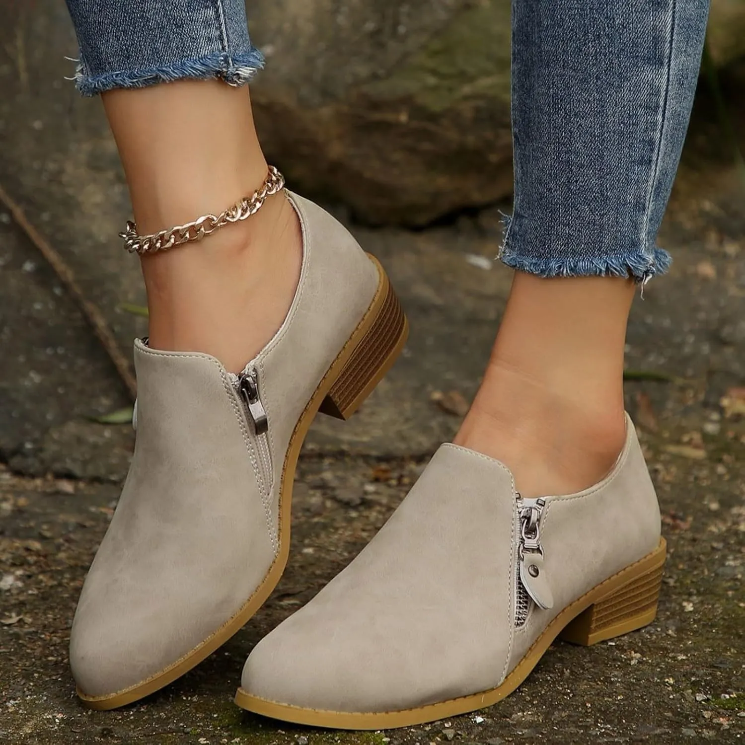 AMDBEL Fall Boots for Women 2024, Women's Ankle Boots Low Heel Closed Toe Slip On Flat Boots Ladies Walking Short Booties
