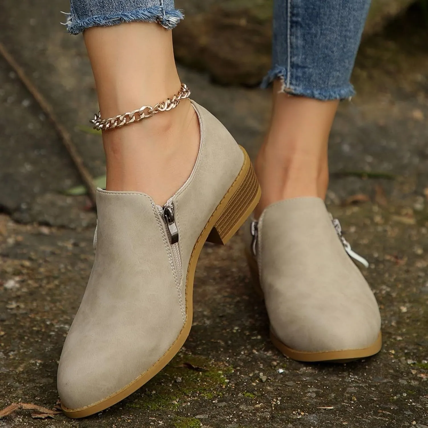 AMDBEL Fall Boots for Women 2024, Women's Ankle Boots Low Heel Closed Toe Slip On Flat Boots Ladies Walking Short Booties