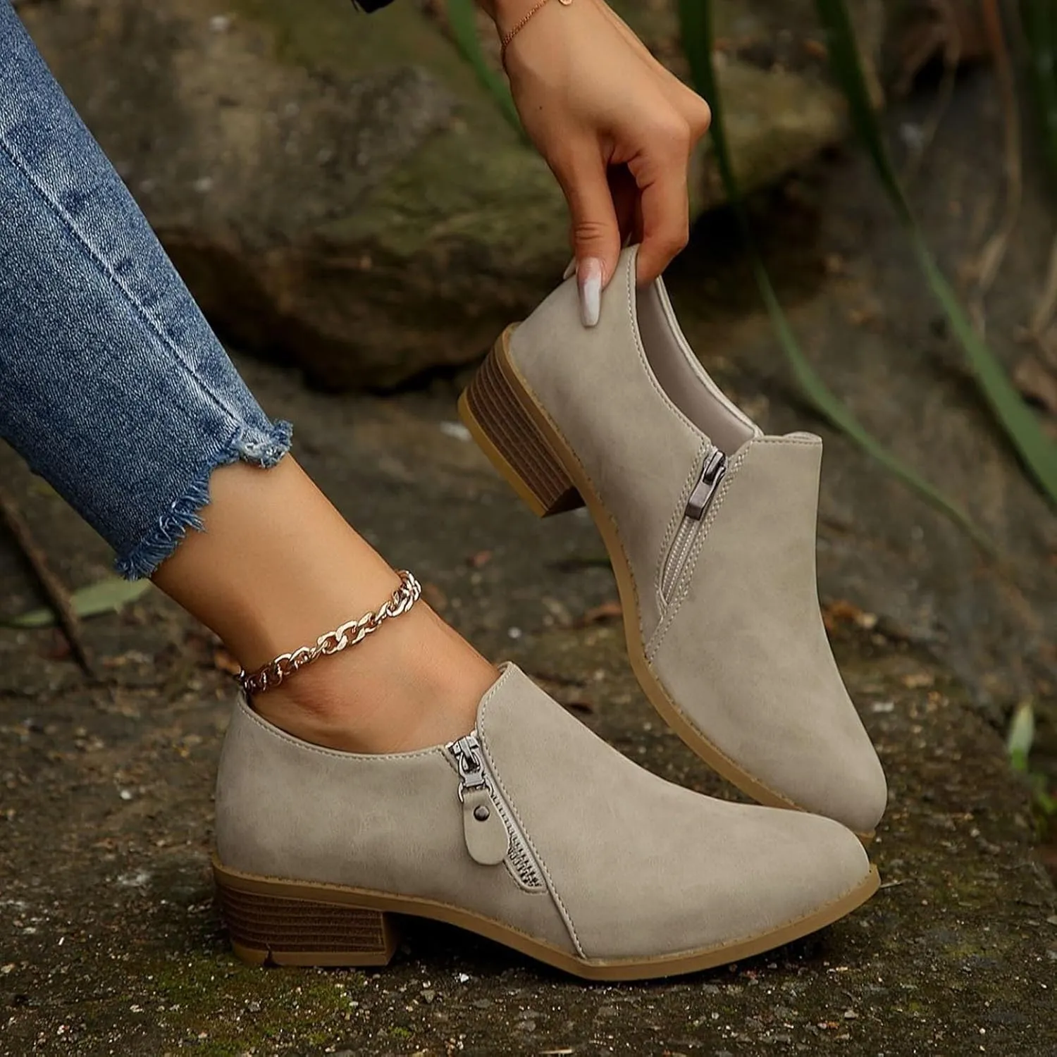 AMDBEL Fall Boots for Women 2024, Women's Ankle Boots Low Heel Closed Toe Slip On Flat Boots Ladies Walking Short Booties