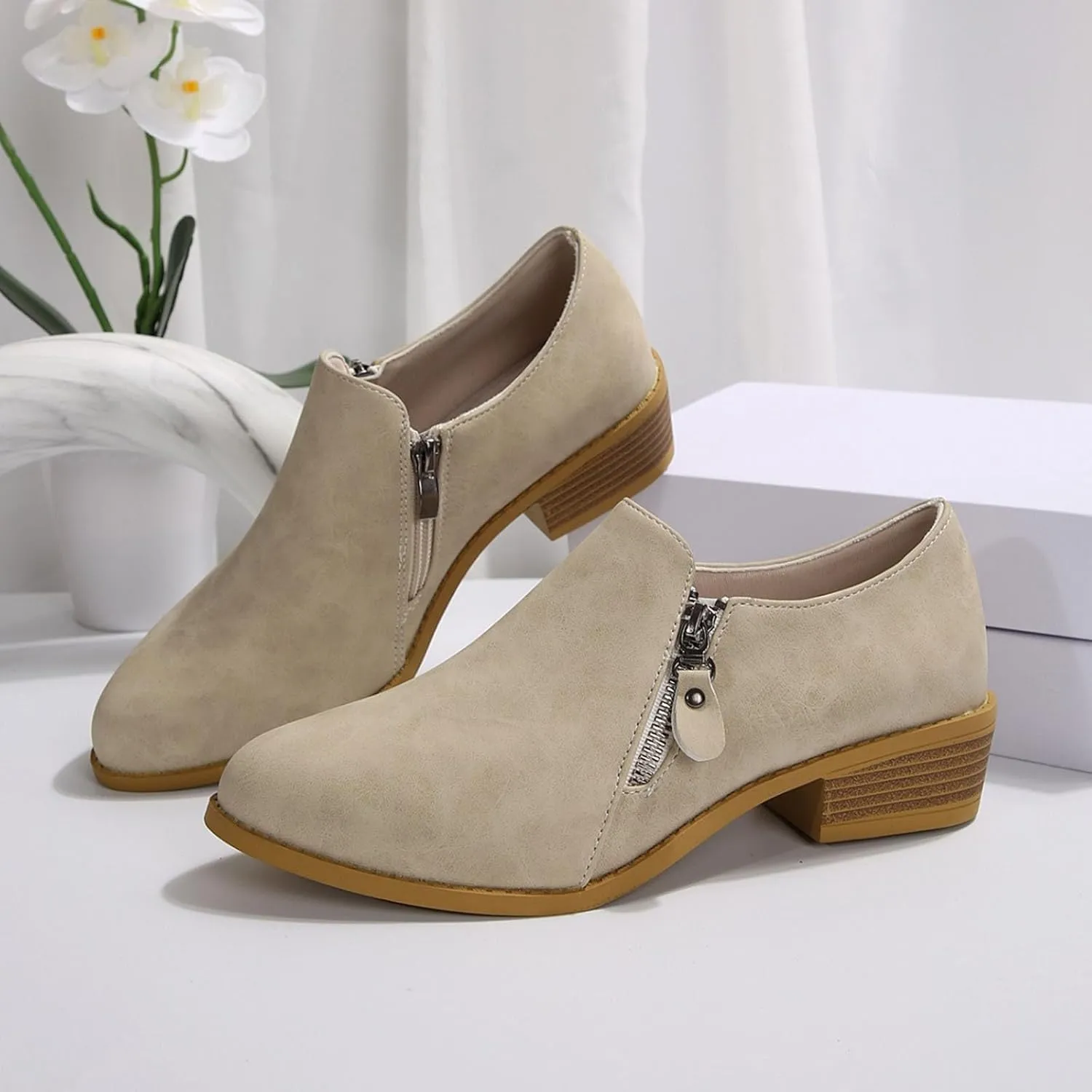 AMDBEL Fall Boots for Women 2024, Women's Ankle Boots Low Heel Closed Toe Slip On Flat Boots Ladies Walking Short Booties