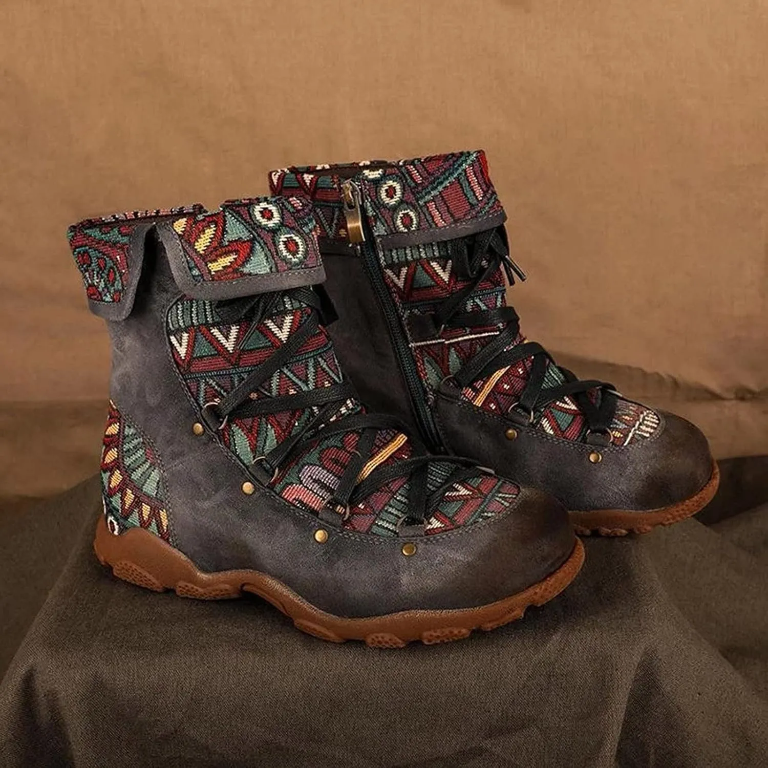AMDBEL Fall Boots for Women 2024, Women's Ankle Boots Low Heel Lace Up Short Boots Bohemian Winter Vintage Booties Shoes