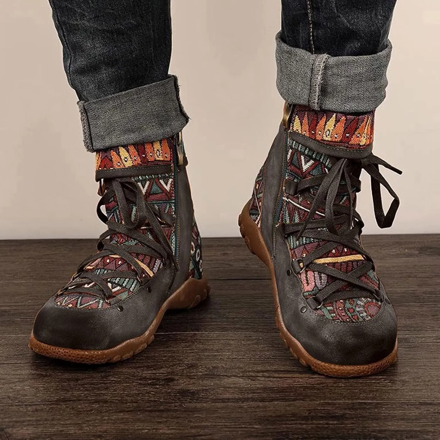 AMDBEL Fall Boots for Women 2024, Women's Ankle Boots Low Heel Lace Up Short Boots Bohemian Winter Vintage Booties Shoes