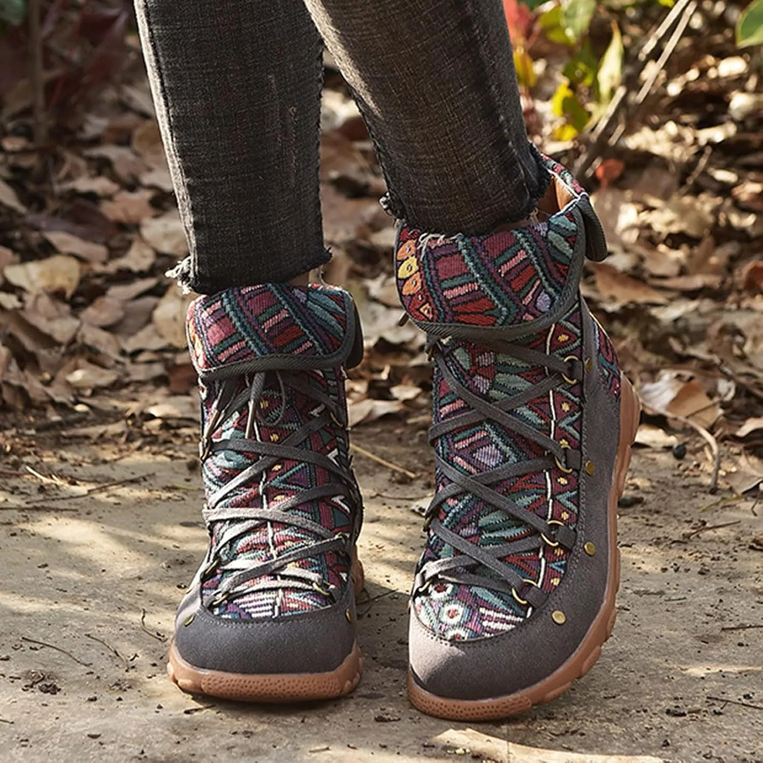 AMDBEL Fall Boots for Women 2024, Women's Ankle Boots Low Heel Lace Up Short Boots Bohemian Winter Vintage Booties Shoes