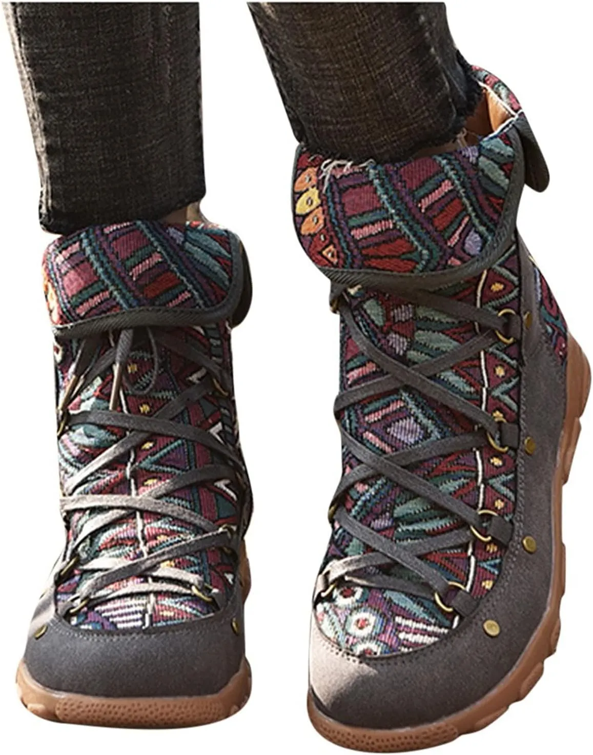 AMDBEL Fall Boots for Women 2024, Women's Ankle Boots Low Heel Lace Up Short Boots Bohemian Winter Vintage Booties Shoes