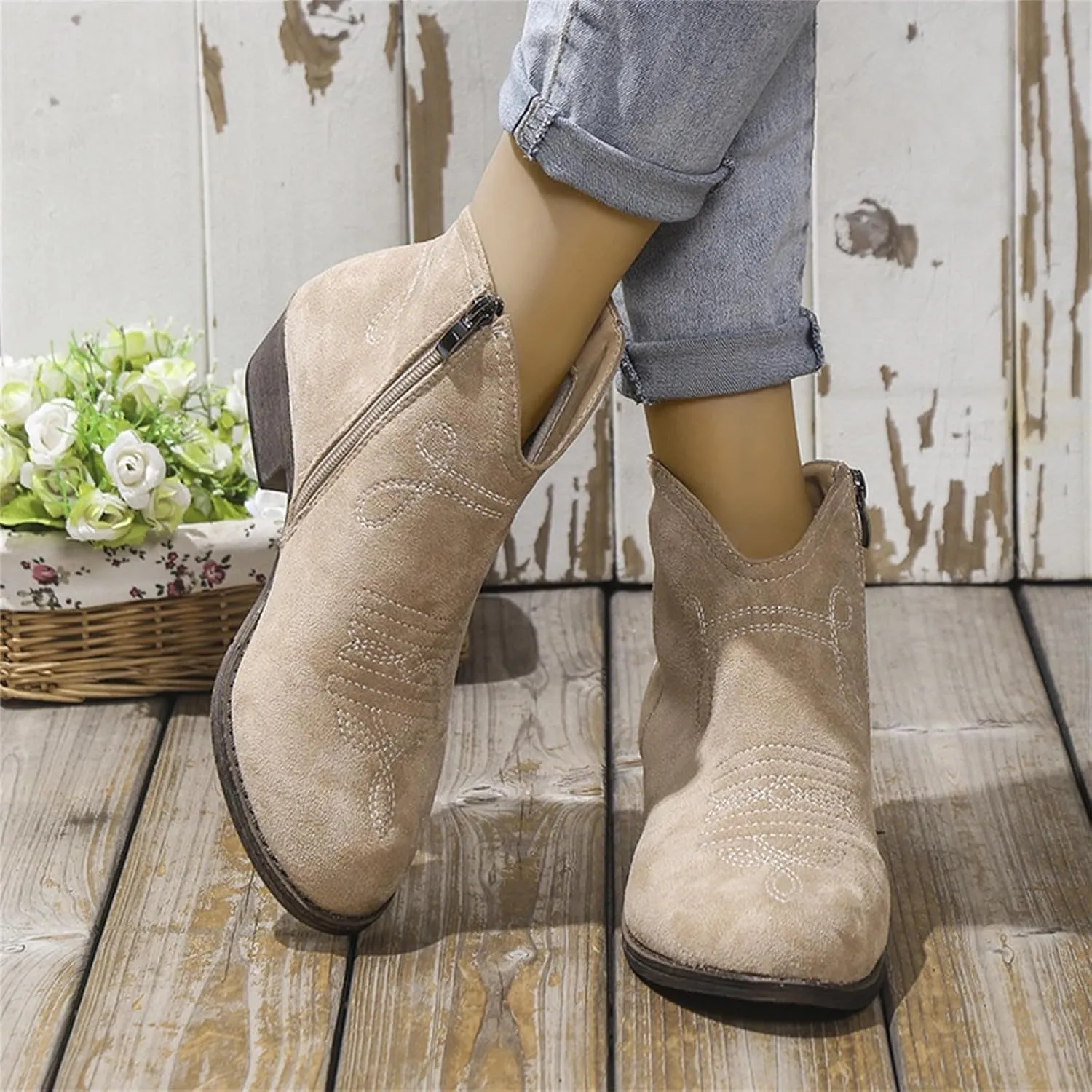 AMDBEL Fall Boots for Women 2024, Women's Ankle Boots Low Heel Short Boots Fashion Winter Walking Shoes with Side Zipper