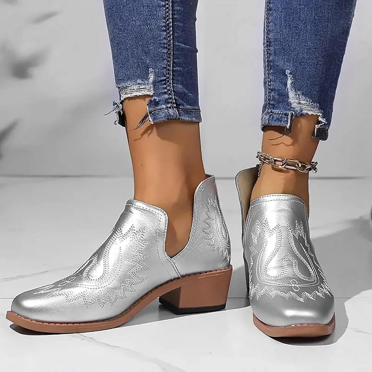 AMDBEL Fall Boots for Women 2024, Women's Ankle Boots Slip On Low Heel Stylish Western Short Boots Fall Winter Shoes