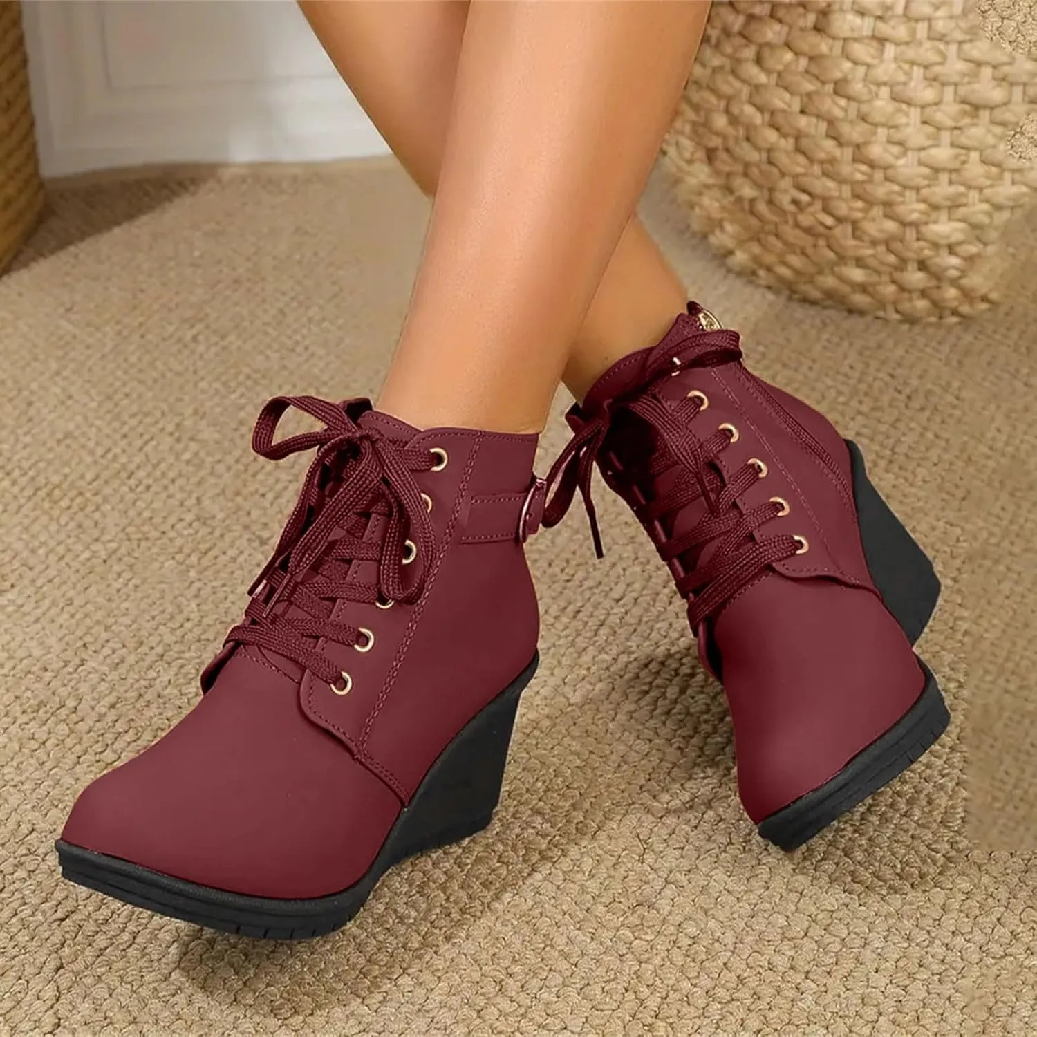 AMDBEL Fall Boots for Women 2024, Women's Ankle Boots Square Heel Lace Up Short Boots Winter Wedge Booties Shoes