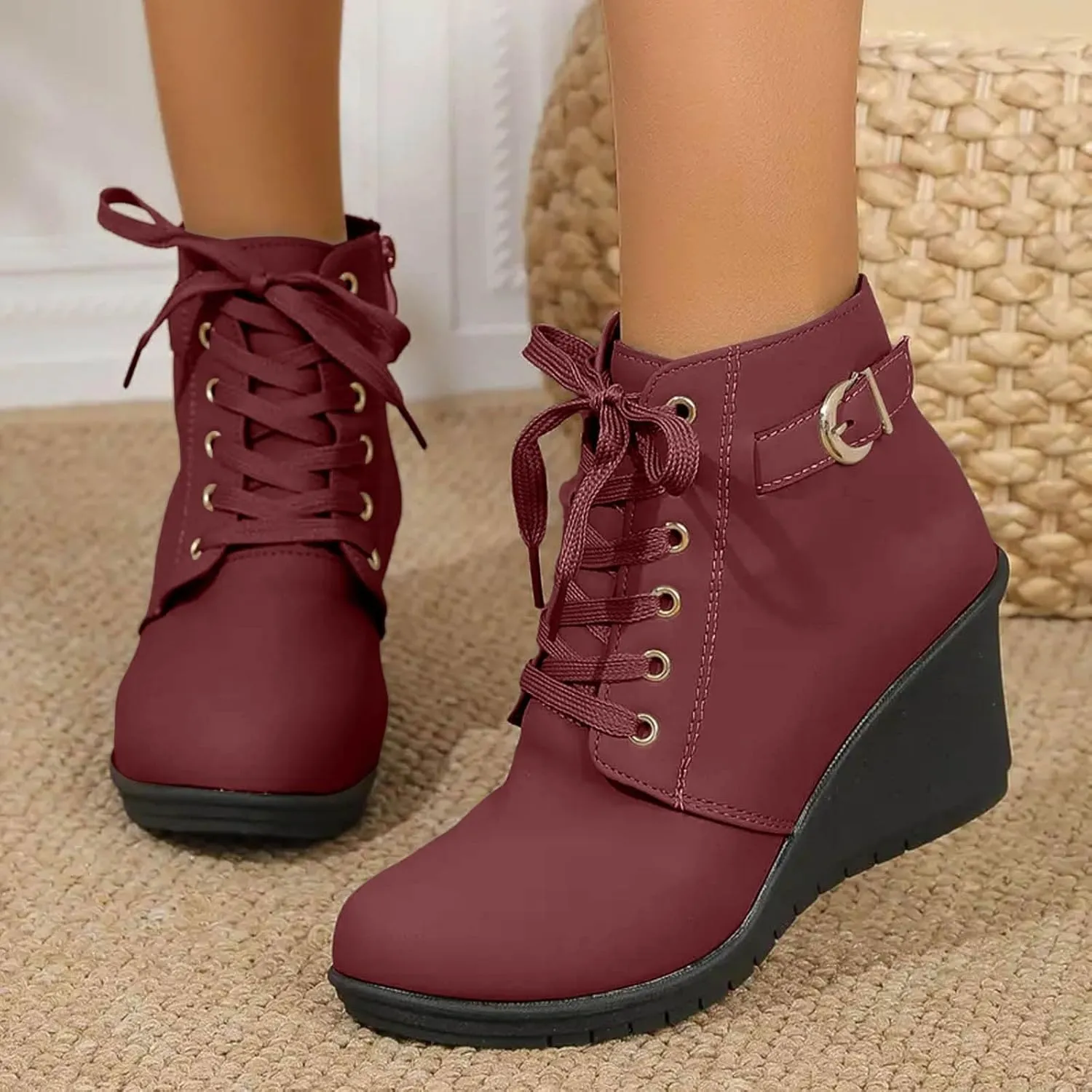 AMDBEL Fall Boots for Women 2024, Women's Ankle Boots Square Heel Lace Up Short Boots Winter Wedge Booties Shoes