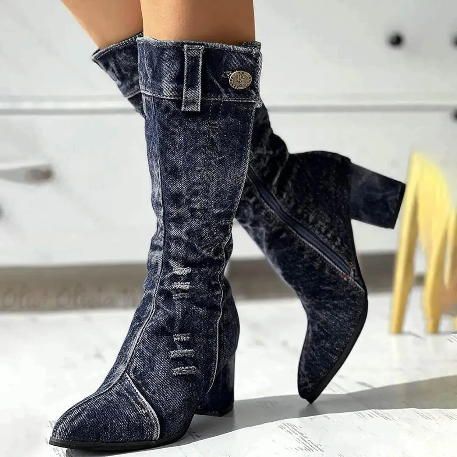 AMDBEL Mid Calf Boots for Women Chunky High Heel Fall Boots for Women 2024 Point Toe Dressy Knee High Boots Winter Shoes